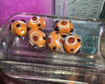 6 Handmade Amber Glass Oval Bumpy Beads, 13mm