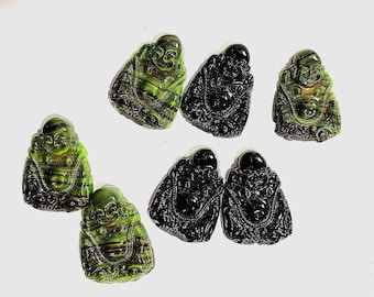 1 Vintage Carved Glass Laughing Buddha Cabochon, West Germany, 26mm Tall, Two Types, Solid Black and Striated Olive Green/ Black