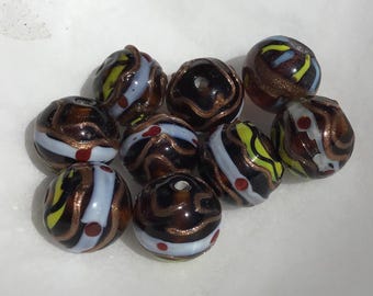 9 Vintage 15mm Lampwork Glass Beads, Swirled Black, White, Yellow & Copper Foil