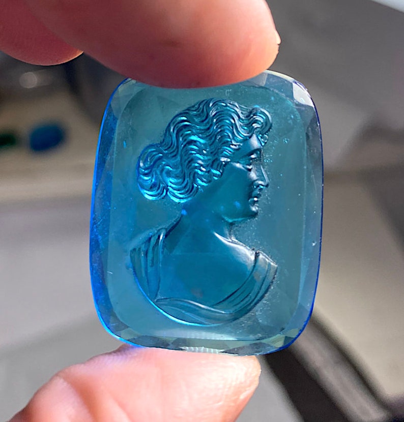 Stone Beautiful Raised Transparent Teal or Aqua Blue Image Glass Portrait Cameo Cabochon 30mm x 24mm