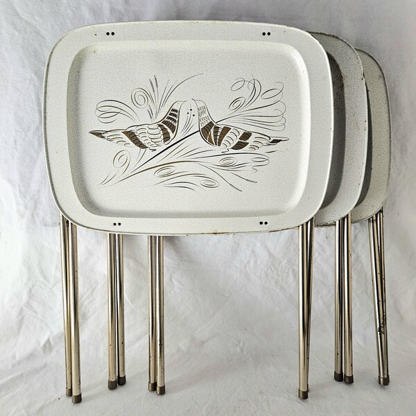 1960s MCM TV Tray Set + Accessory Pieces | Cream & Gold Love Birds, Original Box