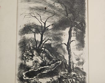 Könnte beinhalten: Schwarz-Weiß-Radierung einer Landschaft mit Bäumen. Das Kunstwerk zeigt eine dunkle, stimmungsvolle Szene mit kahlen Bäumen und einem bewölkten Himmel. Der Stil erinnert an einen Vintage-Druck.
