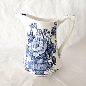Vintage Blue Floral Transferware Pitcher: English Cottagecore Vase