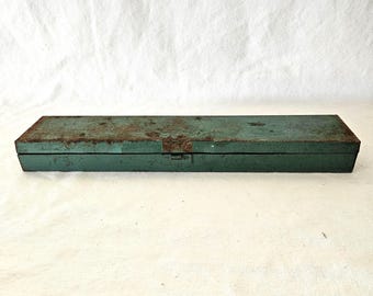 Vintage Green Metal Tool Box | Crusty Rusty Primitive Industrial Long Narrow