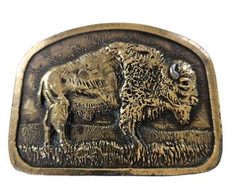 Fibbia per cintura vintage in ottone stile western / Design con bisonte e bufalo / Fibbia in metallo massiccio stile cowboy rodeo