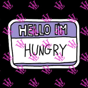 Könnte beinhalten: Ein weißer Namensschild mit einem violetten Rand und dem Text "HELLO I'M HUNGRY" in Schwarz.