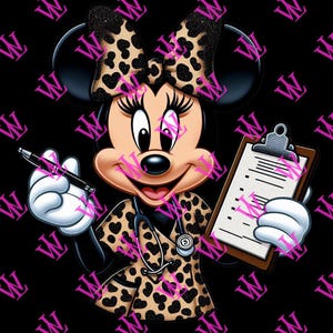 May include: A cartoon illustration of a nurse dressed in a leopard print scrub top with a stethoscope and a clipboard. The nurse is wearing a leopard print bow and has a big smile.