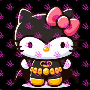 Può includere: Un personaggio di Hello Kitty bianco e nero vestito da Batman. Il personaggio ha un fiocco rosa sulla testa e indossa un mantello nero e una cintura portautensili gialla.