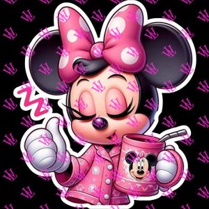 May include: A cartoon illustration of a pink and black Minnie Mouse wearing a pink and white polka dot bow and a pink jacket. She is holding a pink mug with a cartoon image of Minnie Mouse on it. The mug has a straw sticking out of it. The image has a "Z" with a line through it, suggesting sleepiness.