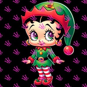 May include: A cartoon image of a Betty Boop-style character dressed as an elf. She wears a green outfit with red accents, a matching hat, and striped stockings. The background is black with a repeating pink pattern.