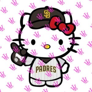 May include: A white Hello Kitty character wearing a baseball uniform with the word "PADRES" on the front. The character is wearing a brown baseball cap with a white "SD" logo. The character is holding a baseball bat with the number "1" on it.