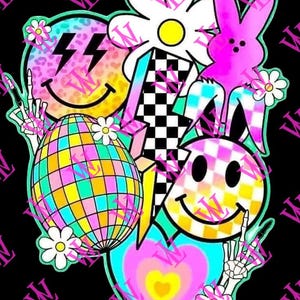 Peut inclure: Un design graphique coloré avec un visage souriant arc-en-ciel, un visage souriant à carreaux, un lapin rose, une boule disco, un cœur et une marguerite. Le design est sur un fond noir.