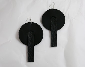 Handmade Black Textured Leather Statement Oversized Earrings Drop OOAK Genuine Circle Modern Geometric