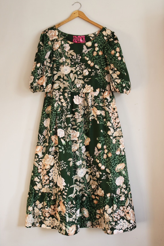 Handmade Maxi Dress Vintage Pattern Dark Green Floral Rose Fabric OOAK Pouf Sleeve Frill Hem With POCKETS! - Etsy Handmade Maxi Dress Vintage Pattern Dark Green Floral Rose Fabric OOAK Pouf Sleeve Frill Hem With POCKETS! - Etsy