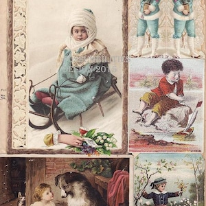 vintage Victorian Scrapbook Page Hiver Enfants et Chien Coloré Collage Scrapbooking Téléchargement instantané Image numérique (CCPM4)