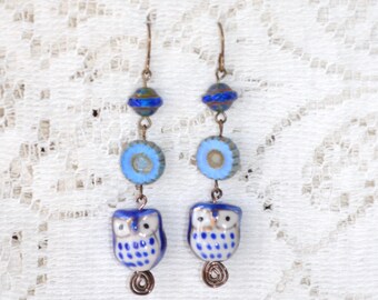 Blue Ceramic Owl Czech Glass Wire-wrapped Dangle Earrings OOAK