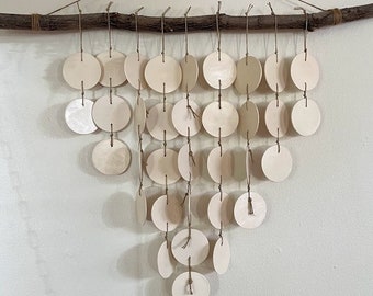 Ceramic Wall Hanging with Wooden Branch, Hemp Twine, Home Decor, Minimal