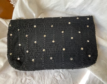 Vintage Black Zippered Clutch With Rhinestones