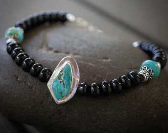 Mens beaded bracelet, black onyx, sterling silver, American mined, turquoise bracelet, southwestern jewelry, New Mexico style, Arizona style