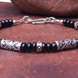 Mens beaded bracelet, black onyx, sterling silver, gifts for him, simple style, classic, European design, mens, husband, boyfriend, gift