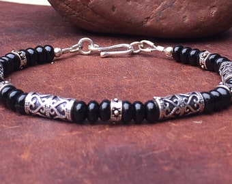 Mens beaded bracelet, mens onyx jewelry, husband gift, Mens gift, gifts for men, mens gift idea,  gift for him, mens sterling jewelry