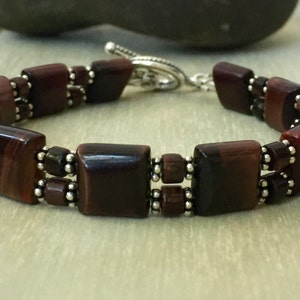 Mens beaded bracelet, Red Tiger&#39;s Eye, silver bracelet, mens gemstone jewelry, mens gift, gifts for him, boyfriend, husband, sterling silver