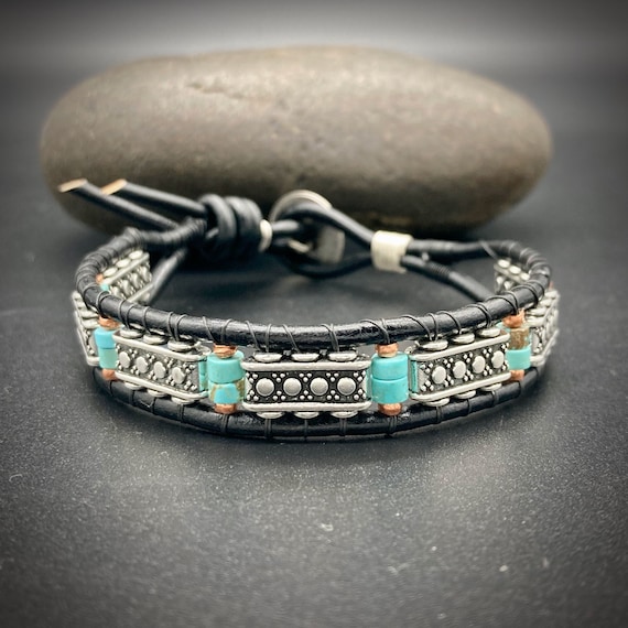 Men's Bracelet, Mens Turquoise bracelet, men's gifts, gifts for him, men's leather bracelet, men's beaded bracelet, southwestern jewelry