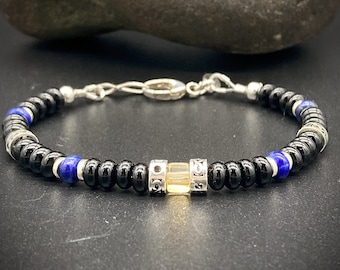 Mens Onyx Jewelry, Mens Onyx bracelet, mens beaded bracelet, Silver Lapis bracelet, Sterling Onyx, Citrine, mens gift, gifts for him