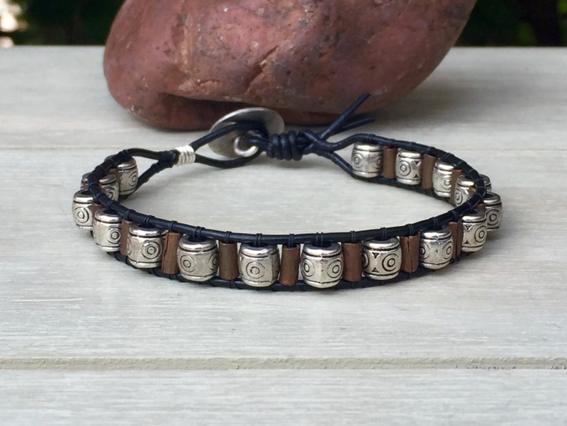 Mens leather wrap bracelet, mens beaded leather bracelet, mens gift, gifts for him, mens leather jewelry image 3