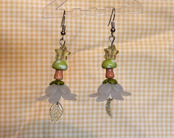 Green mushroom fairy flower earrings