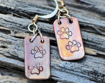 Rustic Copper Hammered Earring with Stamped  Dog Paw