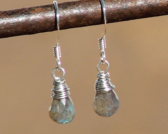 Silver Plated Wire Wrapped Faceted Labradorite Drop Earrings