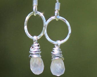 Silver Wire Wrapped Faceted Rose Quartz and Silver Hoop Drop Earrings