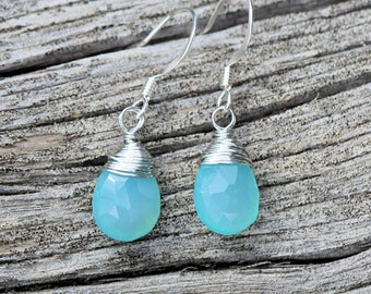 Silver Wire Wrapped Faceted Blue Chalcedony Drop Earrings