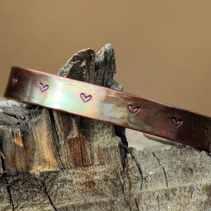 Rustic Hammered Copper Cuff Bracelet with Stamped Heart Embellishment