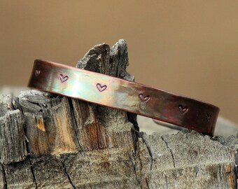 Rustic Hammered Copper Cuff Bracelet with Stamped Heart Embellishment