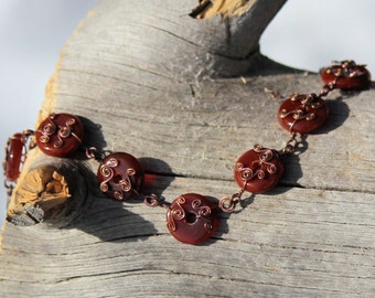 Copper Wire Wrapped Red Agate Bead Bracelet