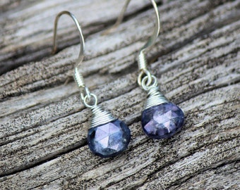 Silver Wire Wrapped Faceted  Blue Quartz Drop Earrings