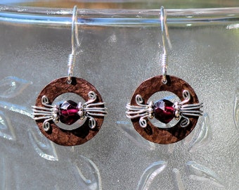 Rustic Copper Hammered Silver Wire Wrapped Earring with Hand Faceted Garnet