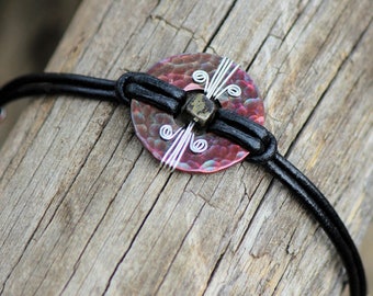 Rustic Hammered Copper Silver Wire Wrapped with Pyrite Bead Leather Cord Adjustable Bracelet