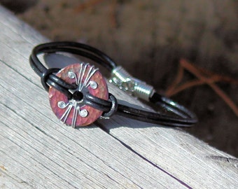 Rustic Hammered Copper Silver Wire Wrapped with Black Crystal Leather Cord Adjustable Bracelet