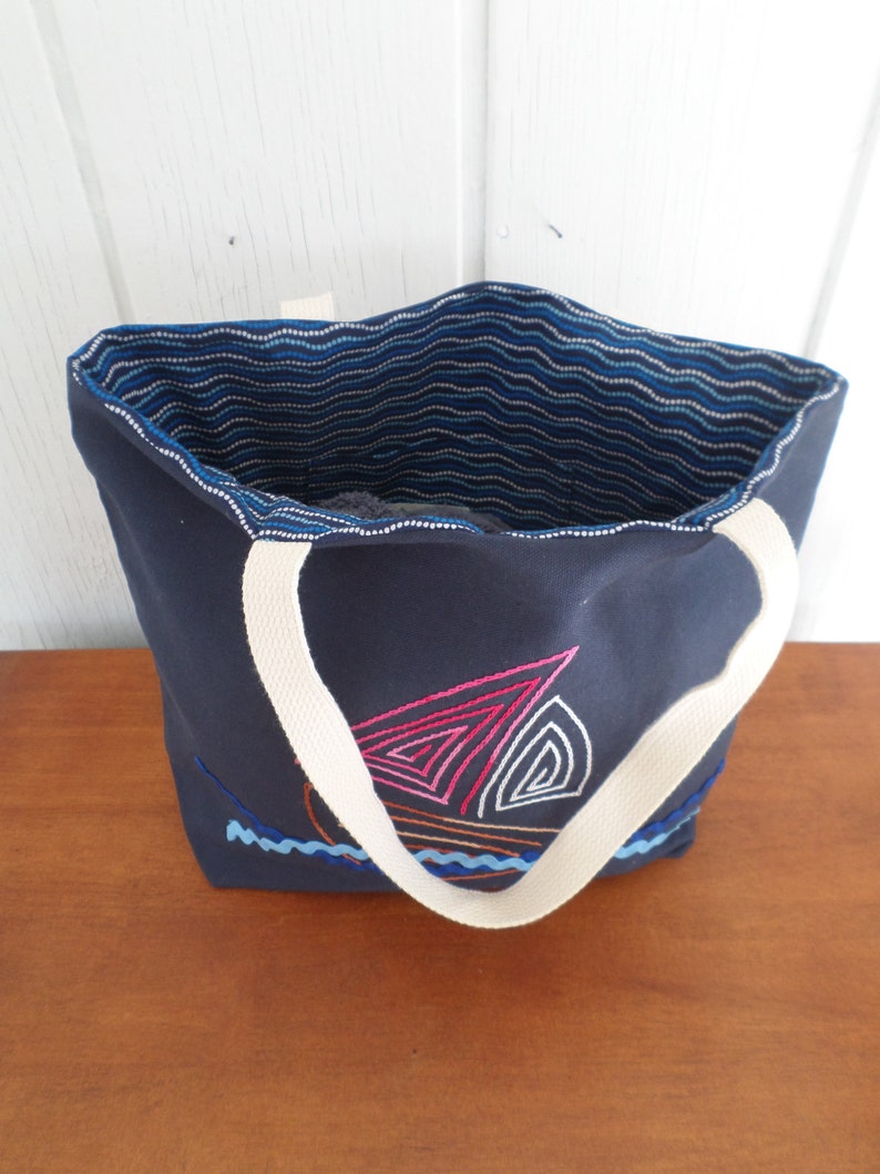 Sail Boat Tote Bag Hand Embroidered Purse Navy Blue Cotton Duck Canvas Unique Canvas Tote Bag Made in Maine