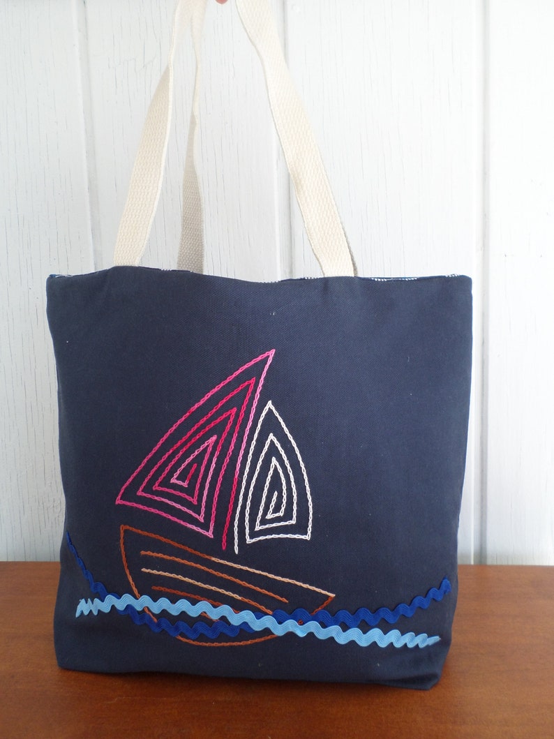 Sail Boat Tote Bag Hand Embroidered Purse Navy Blue Cotton Duck Canvas Unique Canvas Tote Bag Made in Maine