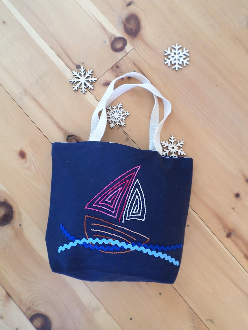 Sail Boat Tote Bag Hand Embroidered Purse Navy Blue Cotton Duck Canvas Unique Canvas Tote Bag Made in Maine