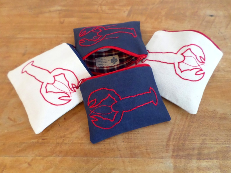 Red Lobster Coin Purse Wallet Zipper Bag Hand Embroidered Purse Cotton Duck Canvas Handbag Zip Pouch Made in Maine
