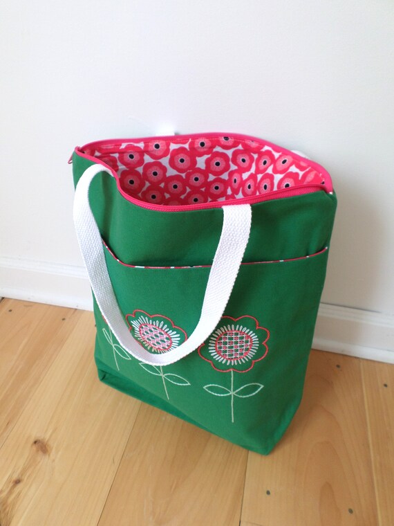 Spring Flowers Hand Embroidered Tote Bag Brodera Hallandssom Purse Unique Scandinavian Folk Tote Bag Zippered Tote Made in Maine
