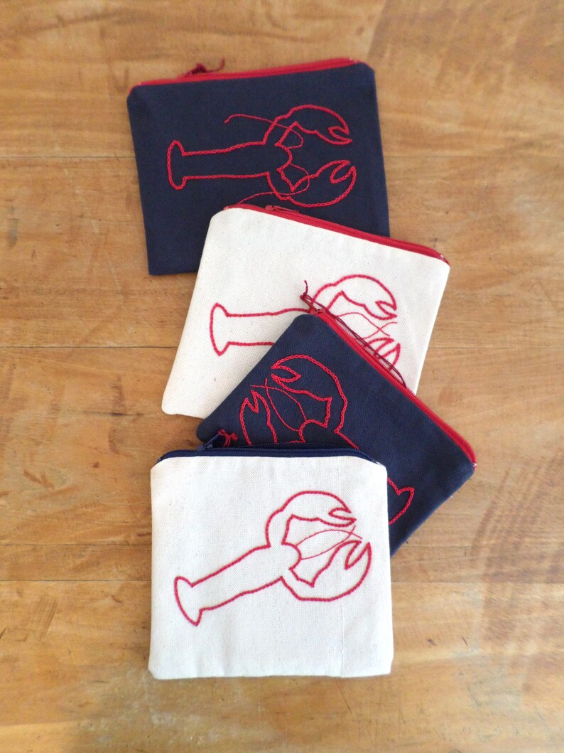 Red Lobster Coin Purse Wallet Zipper Bag Hand Embroidered Purse Cotton Duck Canvas Handbag Zip Pouch Made in Maine