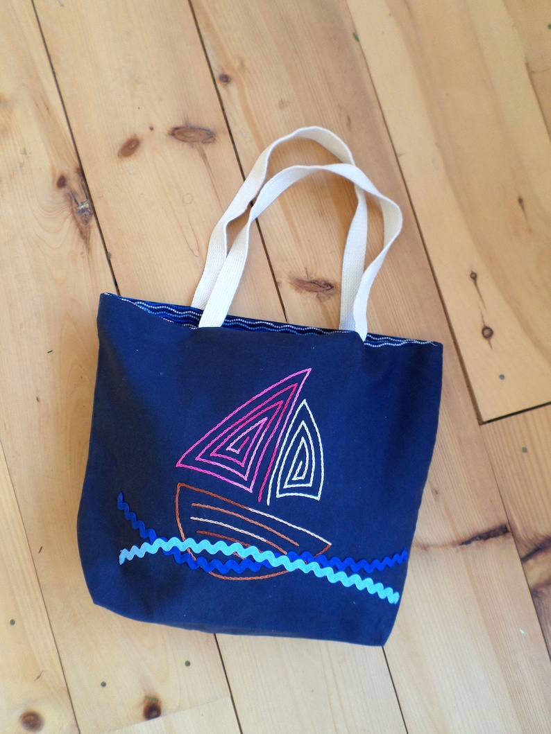 Sail Boat Tote Bag Hand Embroidered Purse Navy Blue Cotton Duck Canvas Unique Canvas Tote Bag Made in Maine