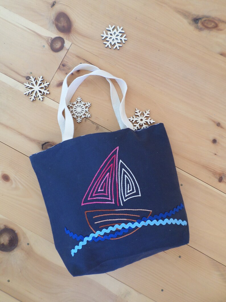 Sail Boat Tote Bag Hand Embroidered Purse Navy Blue Cotton Duck Canvas Unique Canvas Tote Bag Made in Maine