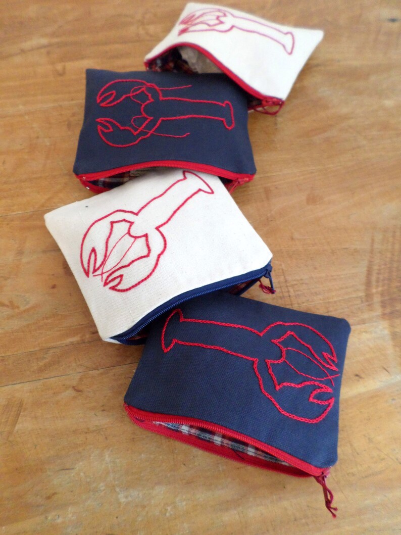 Red Lobster Coin Purse Wallet Zipper Bag Hand Embroidered Purse Cotton Duck Canvas Handbag Zip Pouch Made in Maine